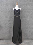Elegant Black Spaghetti Strap Sequin Beaded Split Chiffon Long Prom Dress Evening Dress