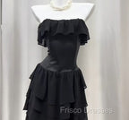 Elegant Black Strapless A-Line Layered Chiffon Long Formal Prom Dress Graduation Formal Prom Dress