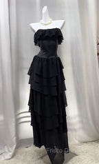 Elegant Black Strapless A-Line Layered Chiffon Long Formal Prom Dress Graduation Formal Prom Dress