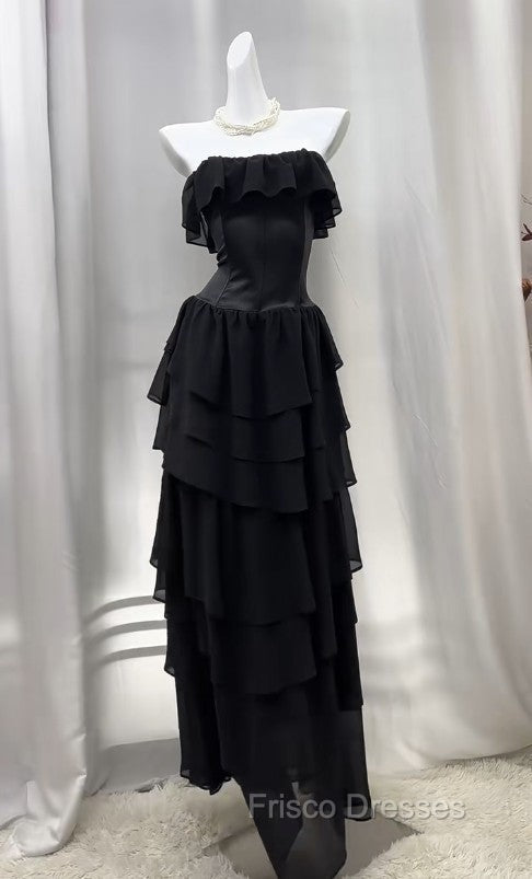 Elegant Black Strapless A-Line Layered Chiffon Long Formal Prom Dress Graduation Formal Prom Dress