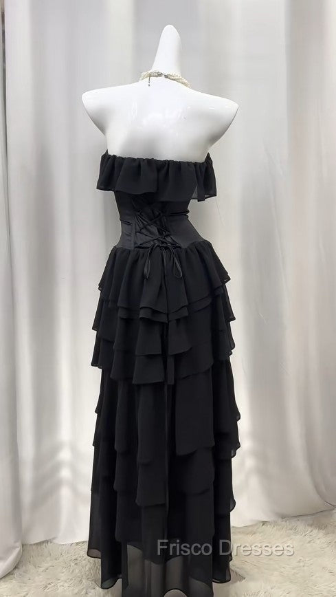 Elegant Black Strapless A-Line Layered Chiffon Long Formal Prom Dress Graduation Formal Prom Dress