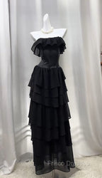 Elegant Black Strapless A-Line Layered Chiffon Long Formal Prom Dress Graduation Formal Prom Dress