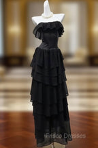 Elegant Black Strapless A-Line Layered Chiffon Long Formal Prom Dress Graduation Formal Prom Dress