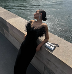 Elegant Black Strapless Feather Satin Bodycon Long Prom Dress Evening Dress