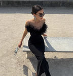 Elegant Black Strapless Feather Satin Bodycon Long Prom Dress Evening Dress