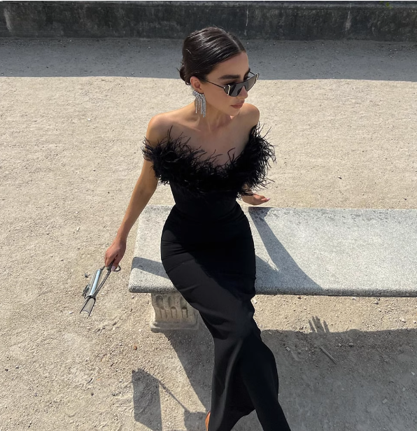 Elegant Black Strapless Feather Satin Bodycon Long Prom Dress Evening Dress