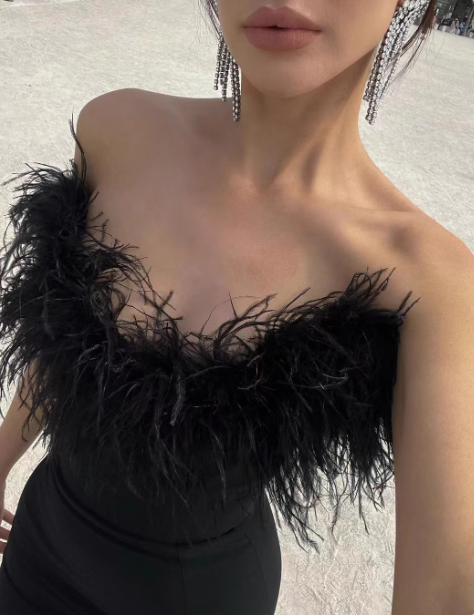 Elegant Black Strapless Feather Satin Bodycon Long Prom Dress Evening Dress