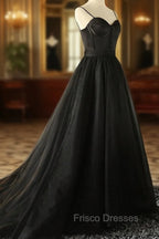 Elegant Black Straps Tulle Sweetheart Formal Prom Dress, Black Party Dress