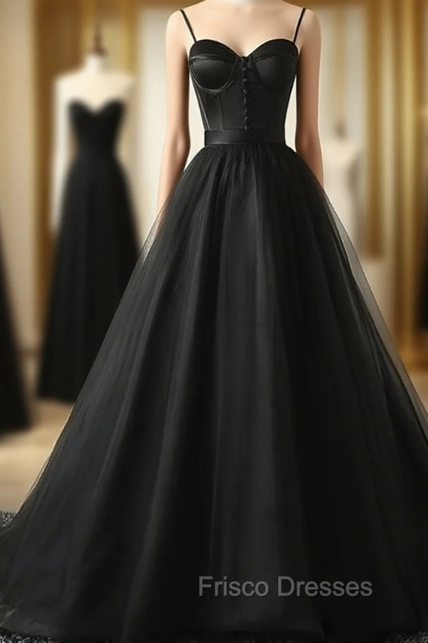 Elegant Black Straps Tulle Sweetheart Formal Prom Dress, Black Party Dress Main image