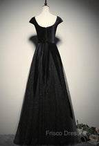 Elegant Black Velvet Cap Sleeves Evening Dress, Black Formal Prom Dress