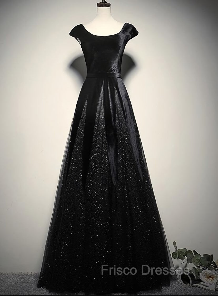 Elegant Black Velvet Cap Sleeves Evening Dress, Black Formal Prom Dress Main image