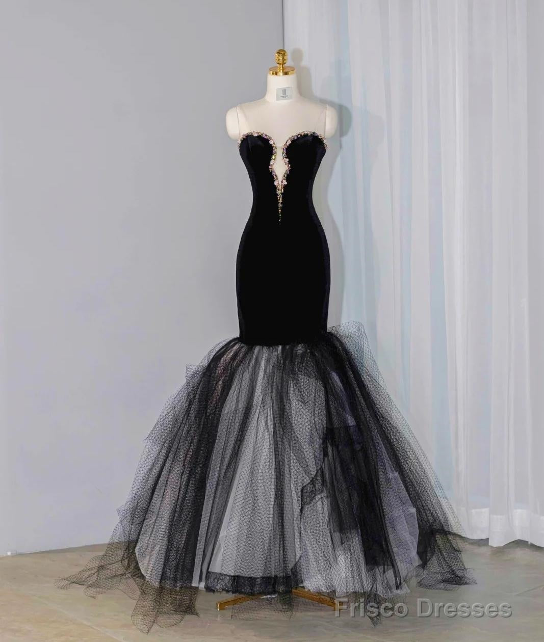 Elegant Black Velvet Mermaid Strapless Beaded Long Prom Dress Tulle Formal Evening Dress Secondary image