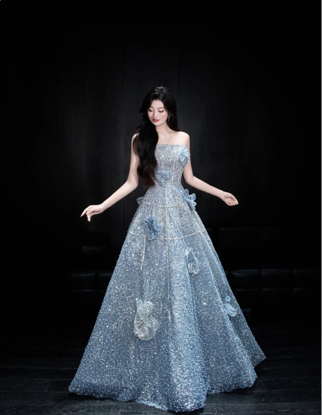 Elegant Blue A-Line Strapless 3D Floral Sequined Tulle Long Prom Dress Evening Dress