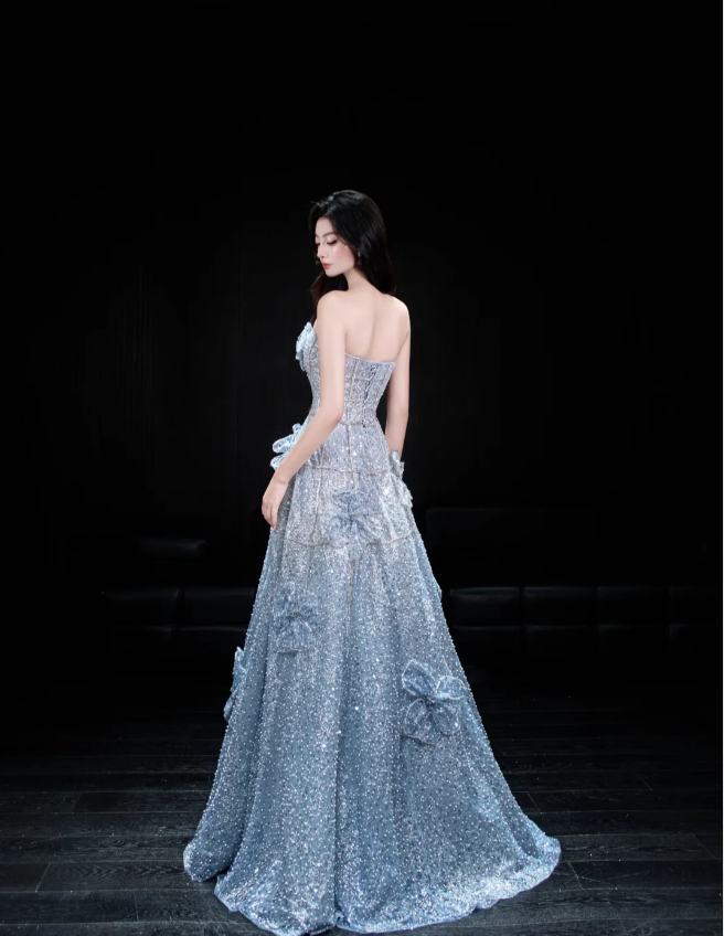 Elegant Blue A-Line Strapless 3D Floral Sequined Tulle Long Prom Dress Evening Dress