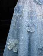 Elegant Blue A-Line Strapless 3D Floral Sequined Tulle Long Prom Dress Evening Dress
