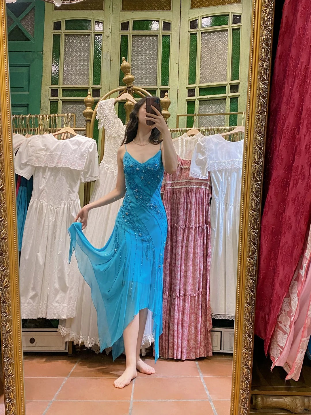 Elegant Blue Irregular Deep V Halter Beaded Chiffon Prom Dress Evening Dress Main image