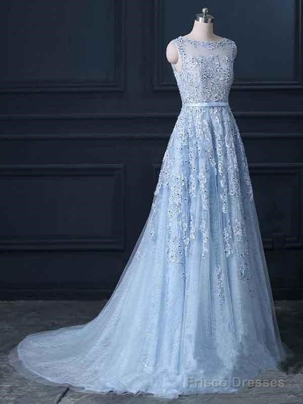 Elegant Blue Lace Beaded Illusion A-Line Prom Dress, Main image