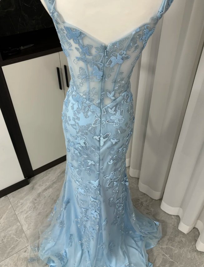 Elegant Blue Mermaid Butterfly Embroidered Long Prom Dress Evening Dress