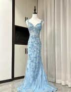 Elegant Blue Mermaid Butterfly Embroidered Long Prom Dress Evening Dress