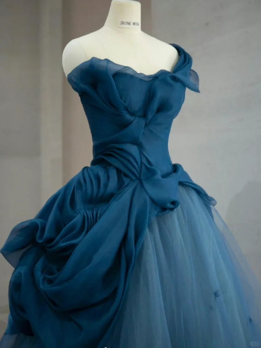 Elegant Blue One Shoulder Tulle Floor Length Wedding Dress