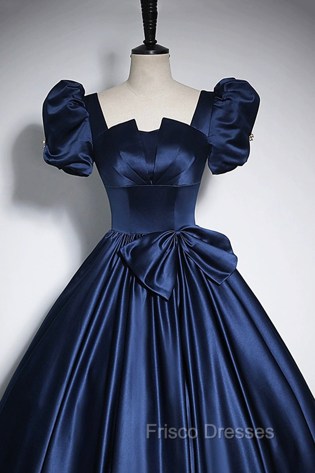 Elegant Blue Satin Formal Prom Dress, Square Neckline Puffy Short Sleeve Bow Backless Floor-Length Formal Dress