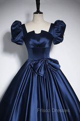 Elegant Blue Satin Formal Prom Dress, Square Neckline Puffy Short Sleeve Bow Backless Floor-Length Formal Dress