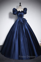 Elegant Blue Satin Formal Prom Dress, Square Neckline Puffy Short Sleeve Bow Backless Floor-Length Formal Dress