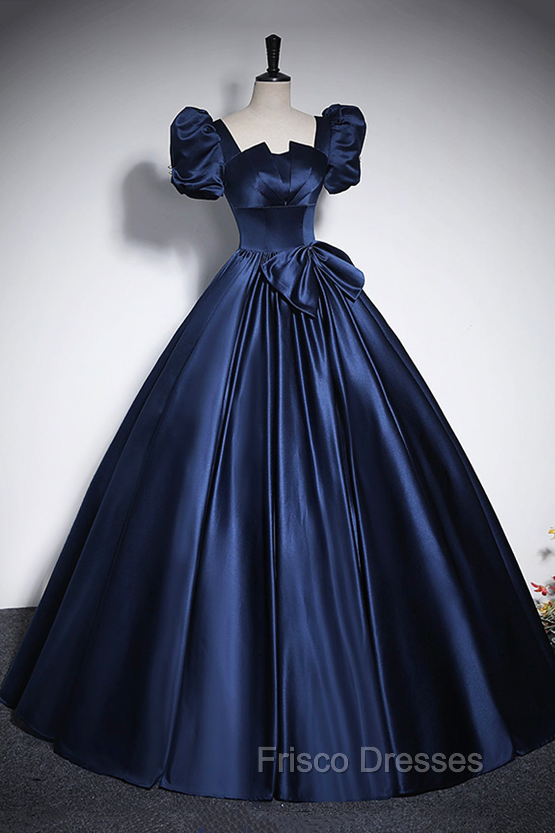 Elegant Blue Satin Formal Prom Dress, Square Neckline Puffy Short Sleeve Bow Backless Floor-Length Formal Dress
