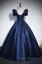 Elegant Blue Satin Formal Prom Dress, Square Neckline Puffy Short Sleeve Bow Backless Floor-Length Formal Dress