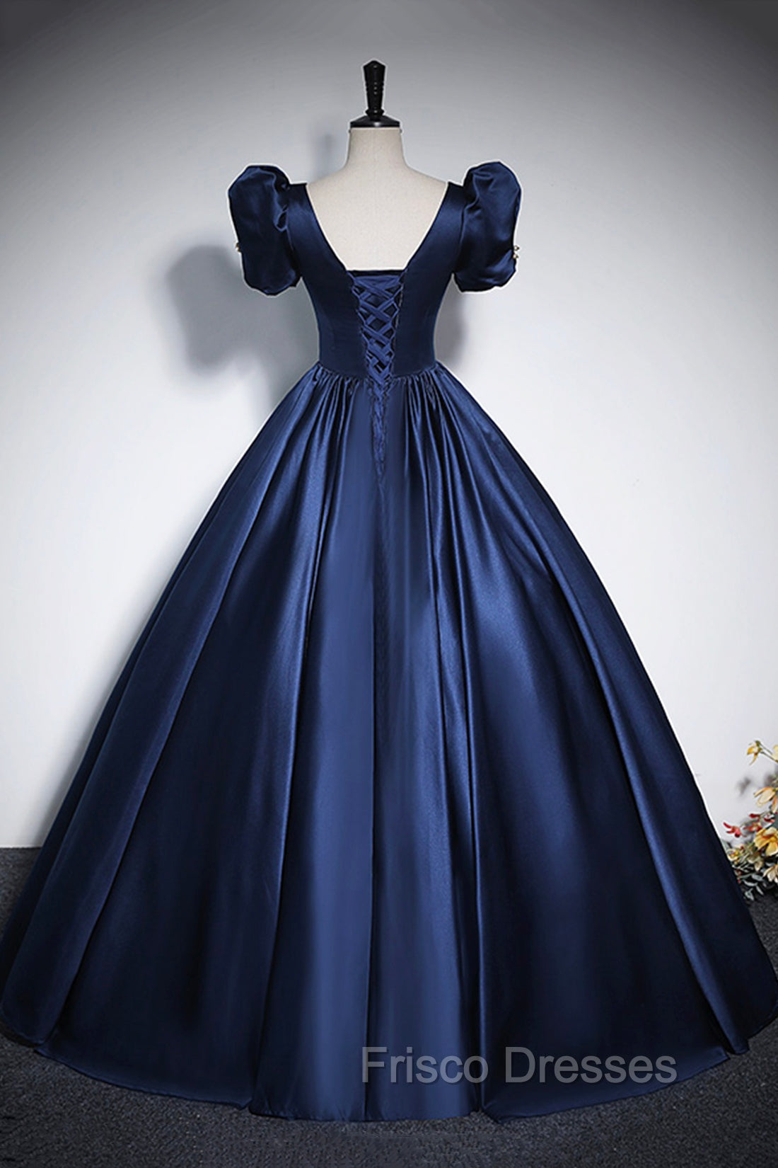 Elegant Blue Satin Formal Prom Dress, Square Neckline Puffy Short Sleeve Bow Backless Floor-Length Formal Dress