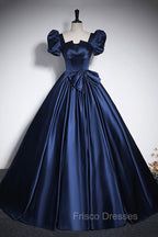 Elegant Blue Satin Formal Prom Dress, Square Neckline Puffy Short Sleeve Bow Backless Floor-Length Formal Dress