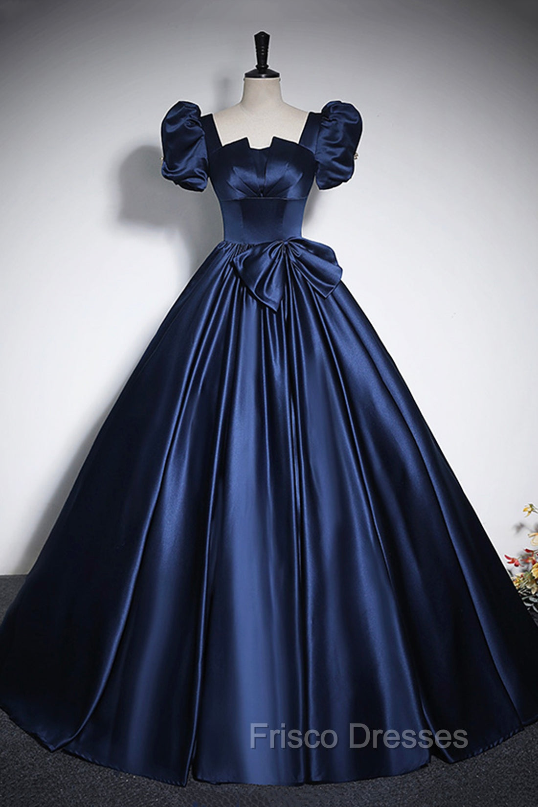 Elegant Blue Satin Formal Prom Dress, Square Neckline Puffy Short Sleeve Bow Backless Floor-Length Formal Dress