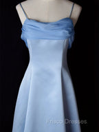 Elegant Blue Satin Spaghetti Straps Evening Gown A Line Long Party Dress Formal Prom Dress