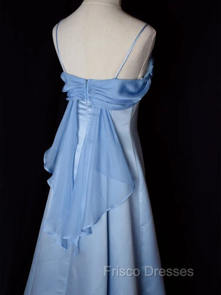 Elegant Blue Satin Spaghetti Straps Evening Gown A Line Long Party Dress Formal Prom Dress