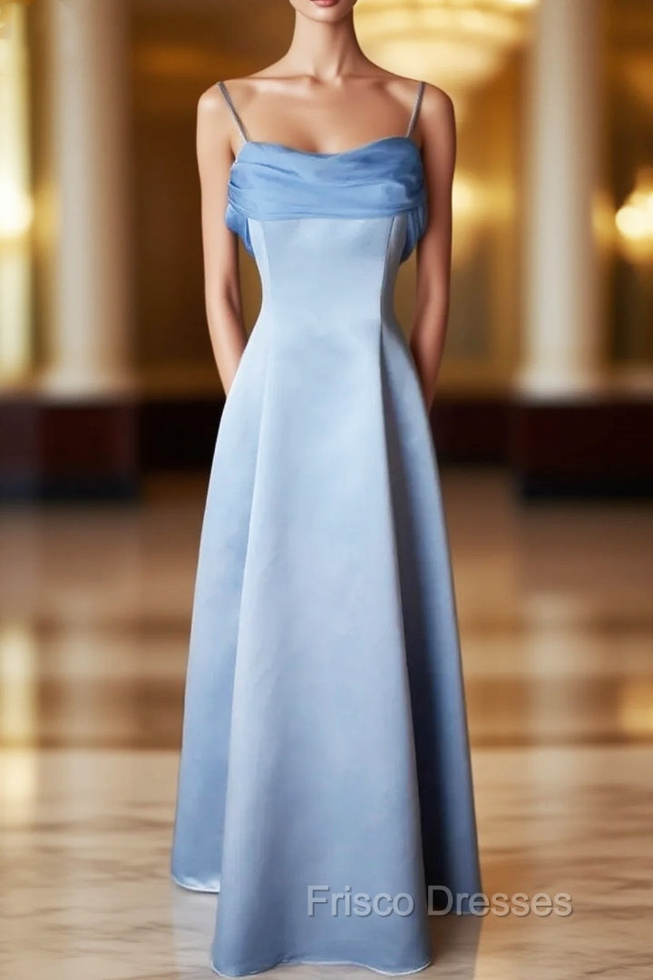 Elegant Blue Satin Spaghetti Straps Evening Gown A Line Long Party Dress Formal Prom Dress Main image