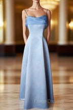 Elegant Blue Satin Spaghetti Straps Evening Gown A Line Long Party Dress Formal Prom Dress