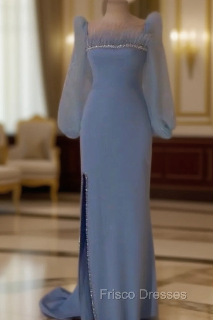 Elegant Blue Sequins Feathers Evening Dress Long Slit Formal Prom Dress Party Gown Main image