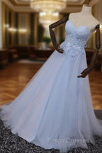Elegant Blue Tulle Sweetheart Party Dress Formal Dress, Blue Lace Applique Formal Prom Dress 2025