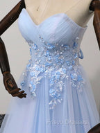 Elegant Blue Tulle Sweetheart Party Dress Formal Dress, Blue Lace Applique Formal Prom Dress 2025