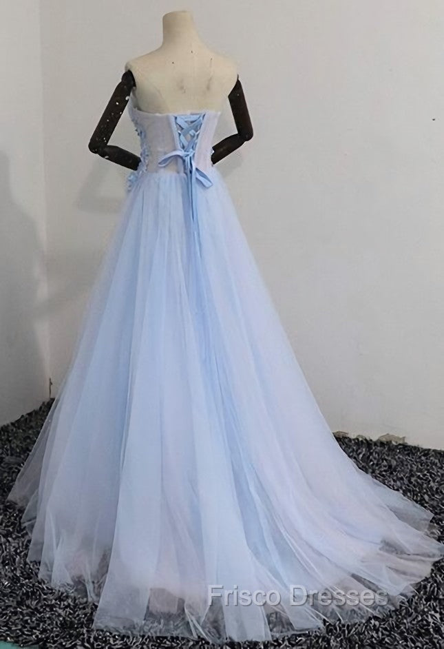 Elegant Blue Tulle Sweetheart Party Dress Formal Dress, Blue Lace Applique Formal Prom Dress 2025