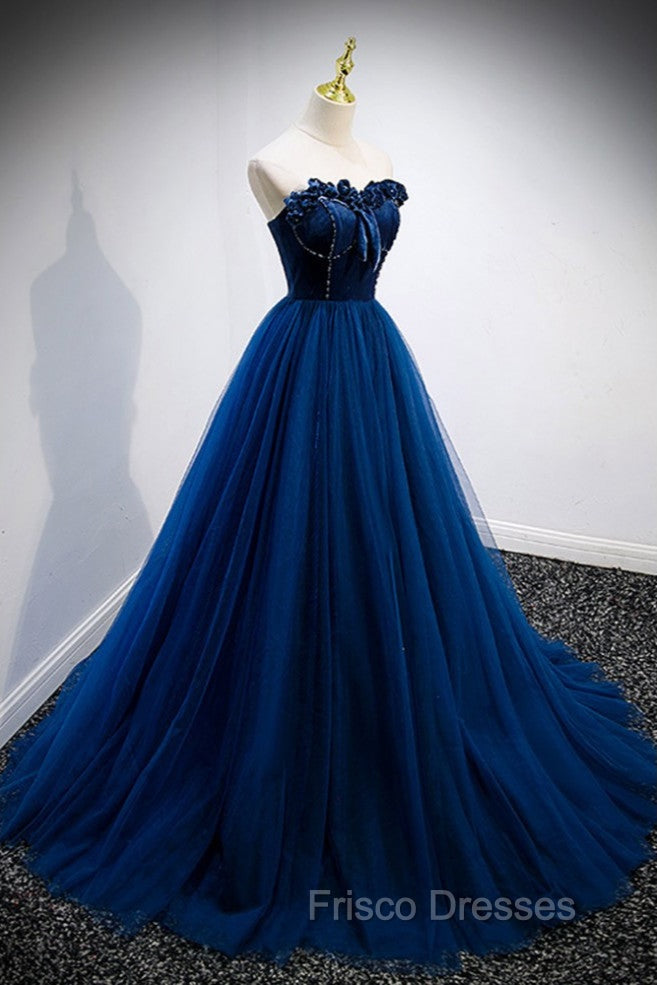 Elegant Blue Velvet And Tulle Long Formal Prom Dress Strapless Secondary image