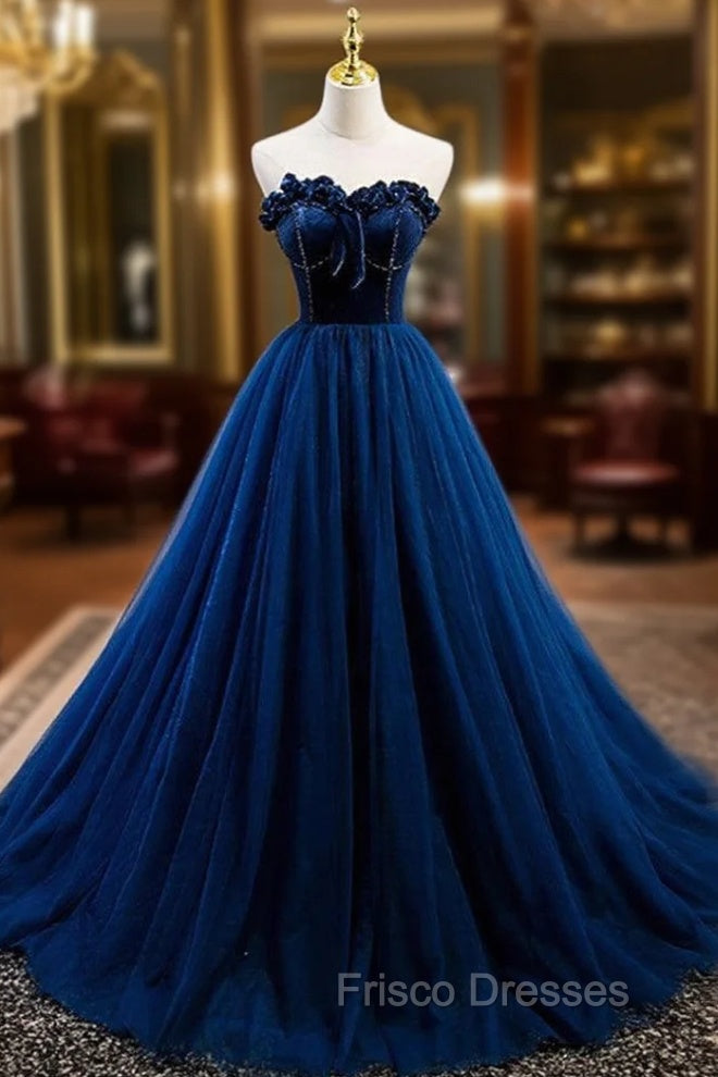 Elegant Blue Velvet And Tulle Long Formal Prom Dress Strapless Main image