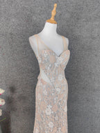 Elegant Blush Pink Lace Gradient Spaghetti Strap V-Neck Train Prom Dress Evening Dress
