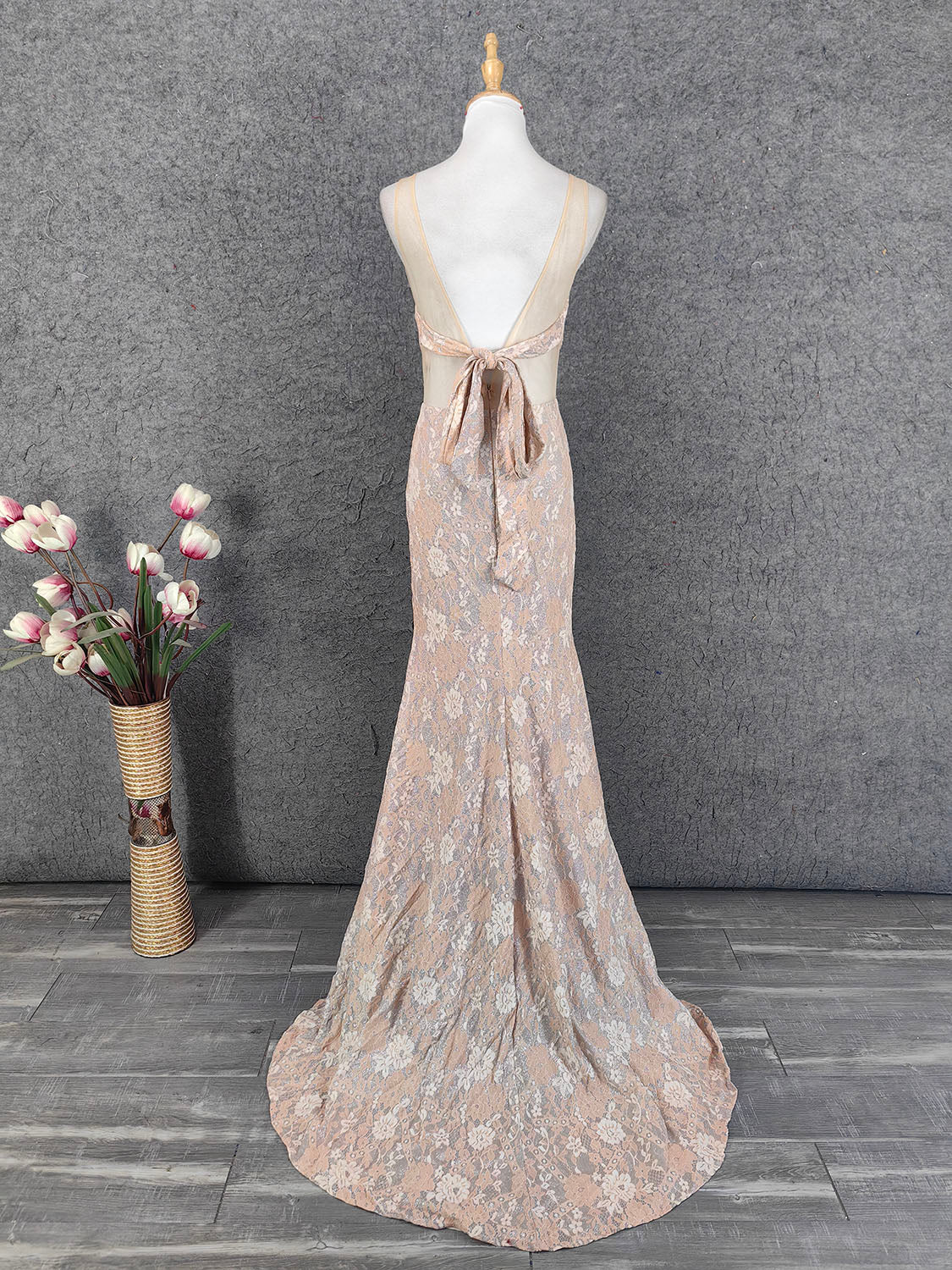 Elegant Blush Pink Lace Gradient Spaghetti Strap V-Neck Train Prom Dress Evening Dress