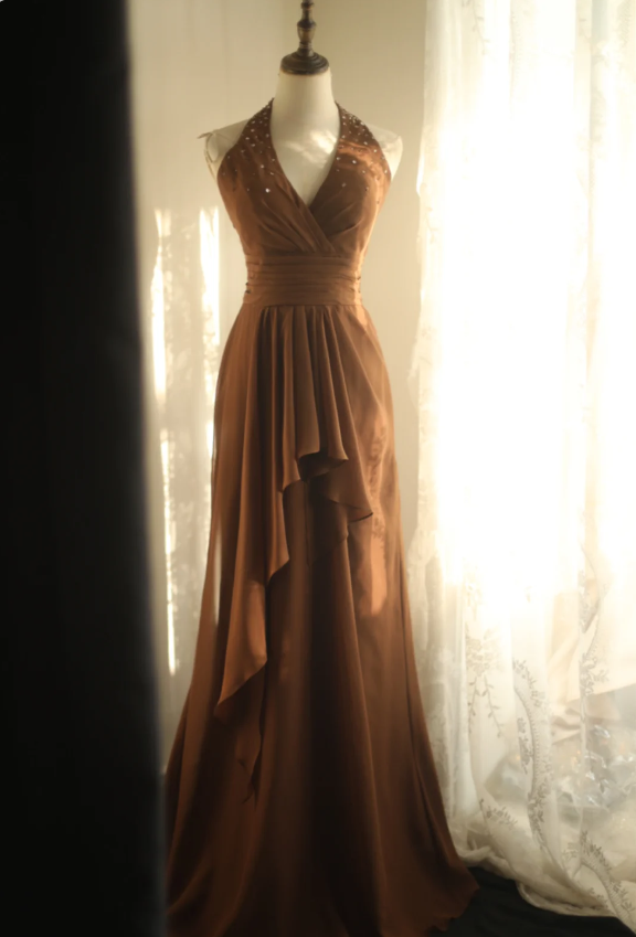 Elegant Brown A-Line Halter Neck Chiffon Long Prom Dress Evening Dress Secondary image
