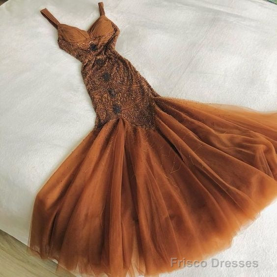 Elegant Brown Mermaid Spaghetti Strap Chiffon Tulle Beaded Long Prom Dress Birthday Dress Secondary image