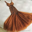 Elegant Brown Mermaid Spaghetti Strap Chiffon Tulle Beaded Long Prom Dress Birthday Dress