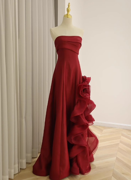 Elegant Burgundy 3D Floral Embellished Strapless Satin Long Prom Dress Evening Dress Secondary image