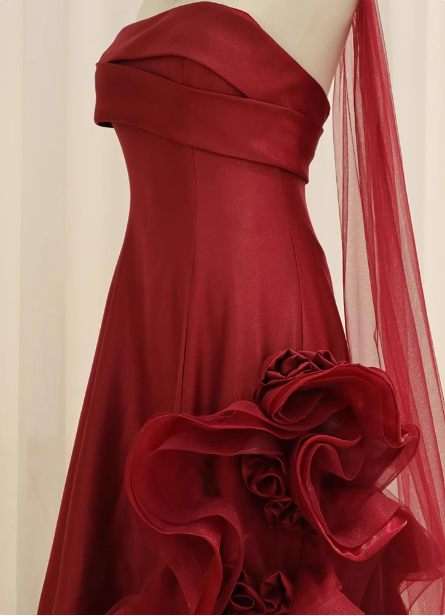 Elegant Burgundy 3D Floral Embellished Strapless Satin Long Prom Dress Evening Dress