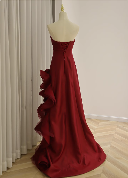 Elegant Burgundy 3D Floral Embellished Strapless Satin Long Prom Dress Evening Dress